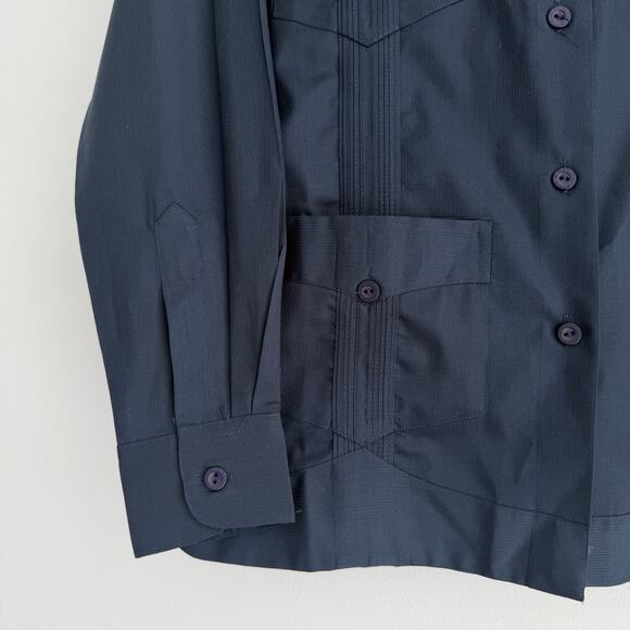 Ramon Puig Guayabera Shirt Mens Medium Navy Blue Cotton 4 Pocket Long Sleeve - Picture 3 of 9